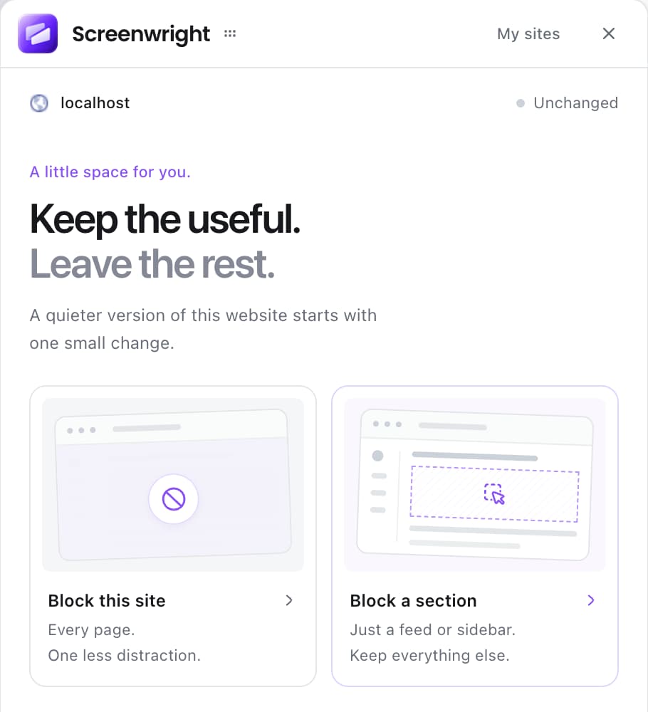 Screenwright’s opening panel with Block this site and Block a section.