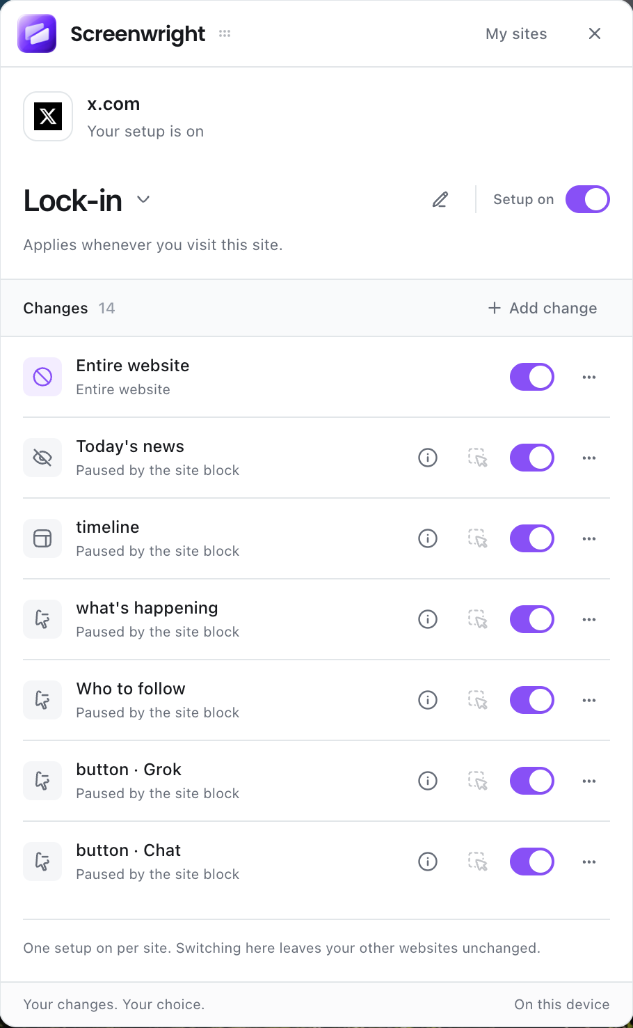 The Lock-in setup on X, showing the whole-site screen enabled and the saved section edits paused underneath.