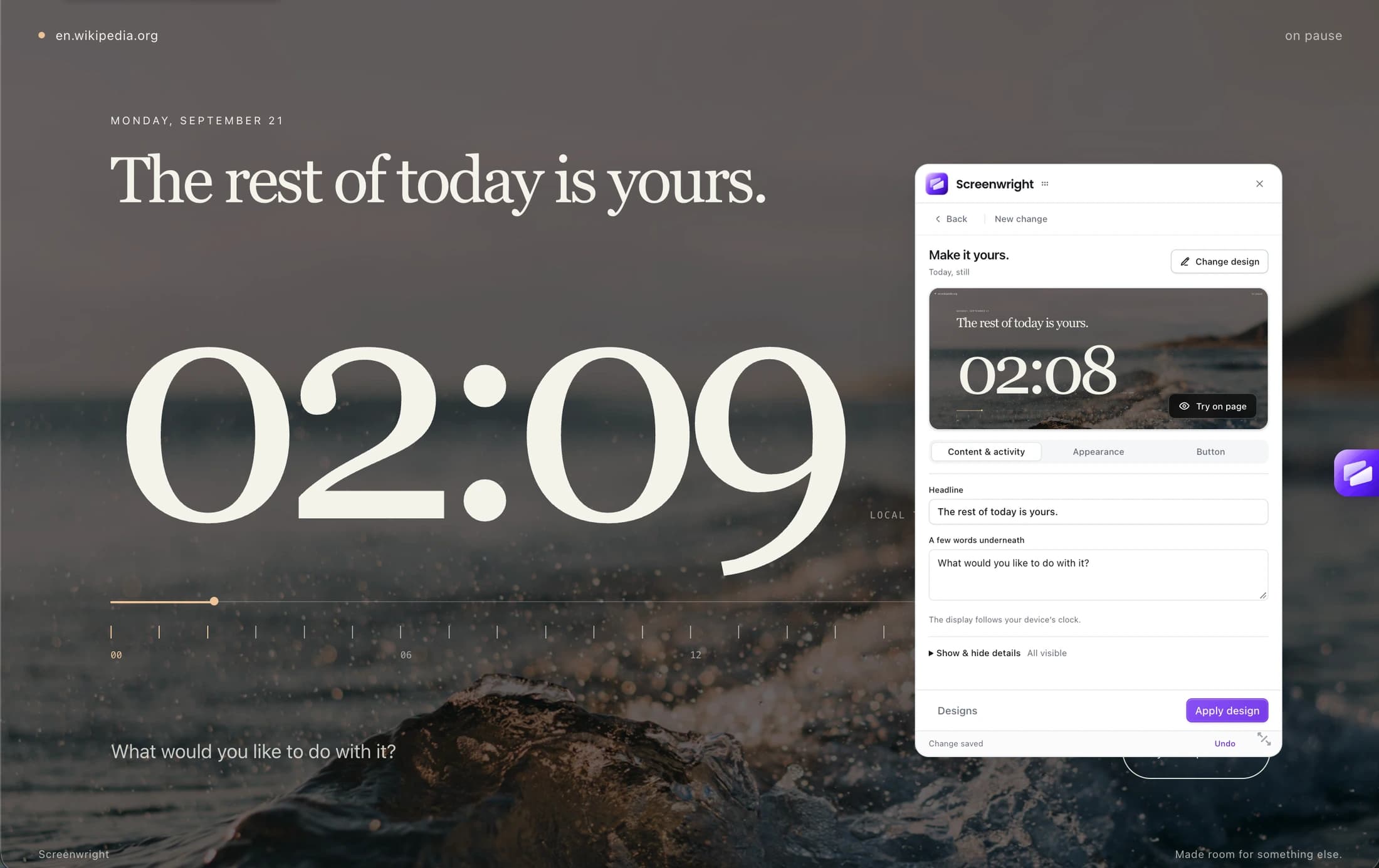 Screenwright’s interactive timer screen with the design editor open for headline, supporting text, and appearance settings.