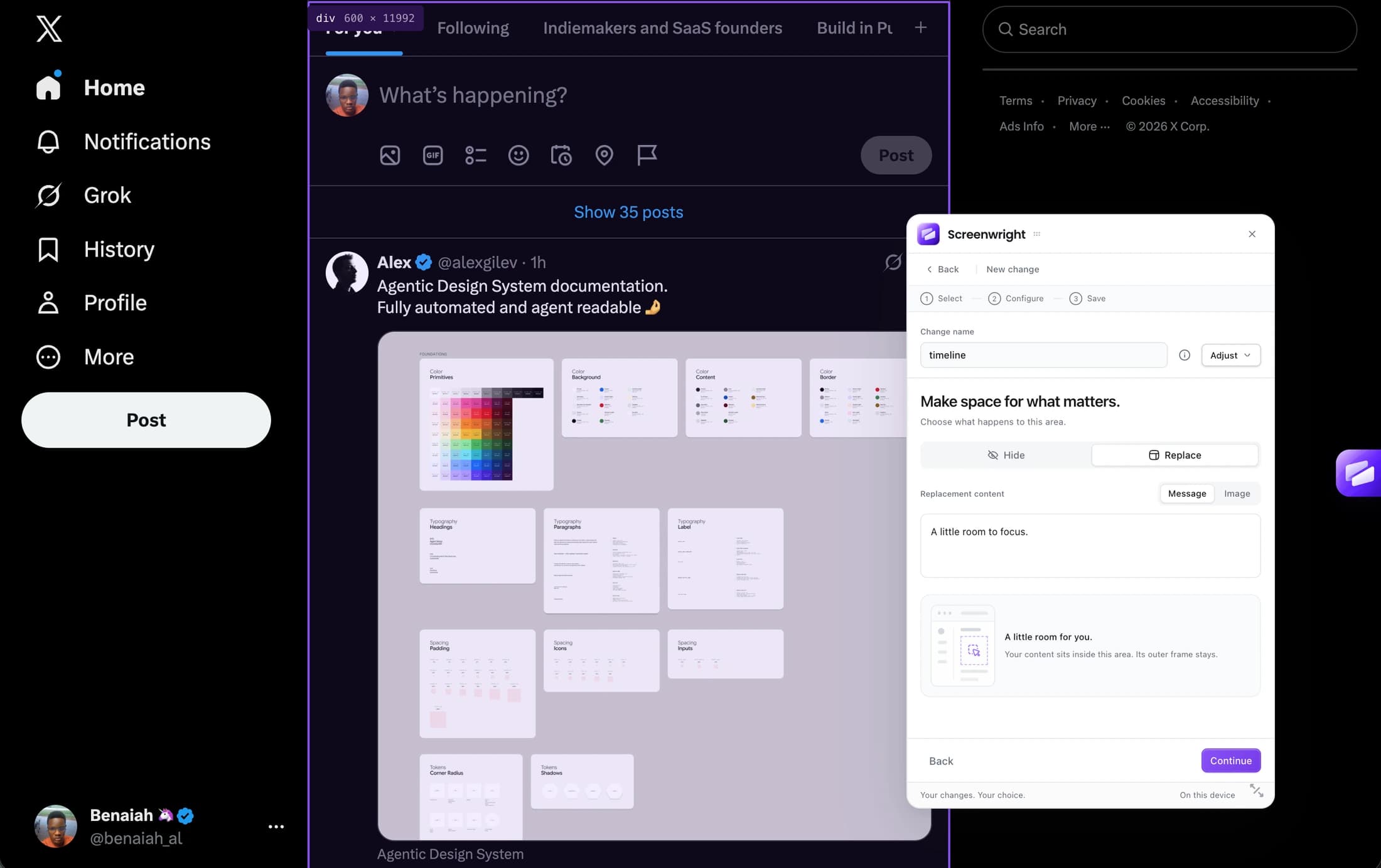 Screenwright highlights the X timeline in violet while the replacement editor configures the message A little room to focus.