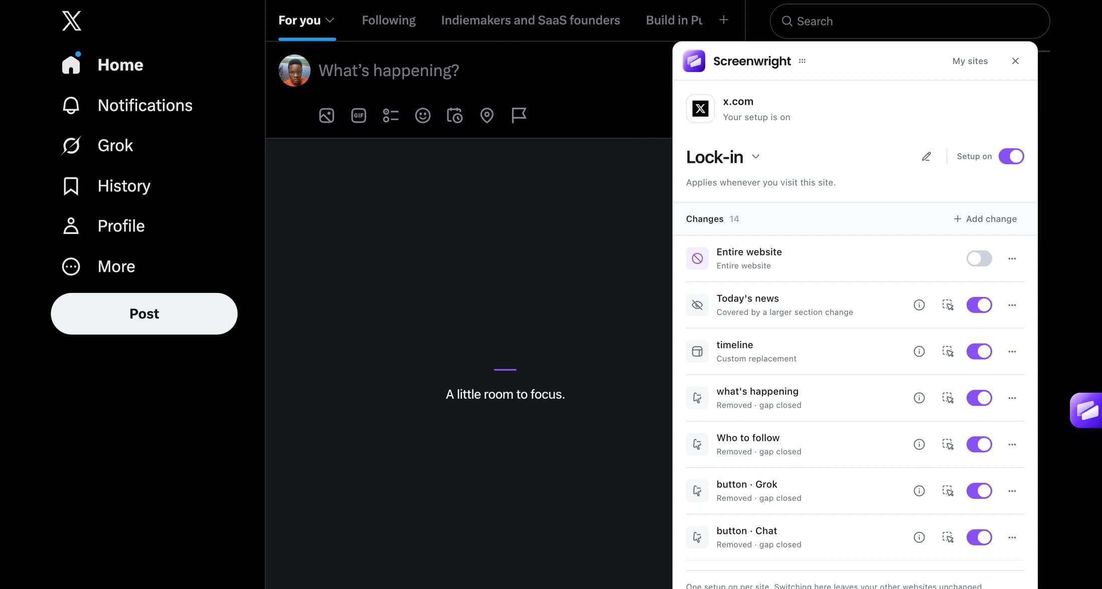 Screenwright running on X: the timeline is replaced with A little room to focus, while the Lock-in setup lists the saved section changes.