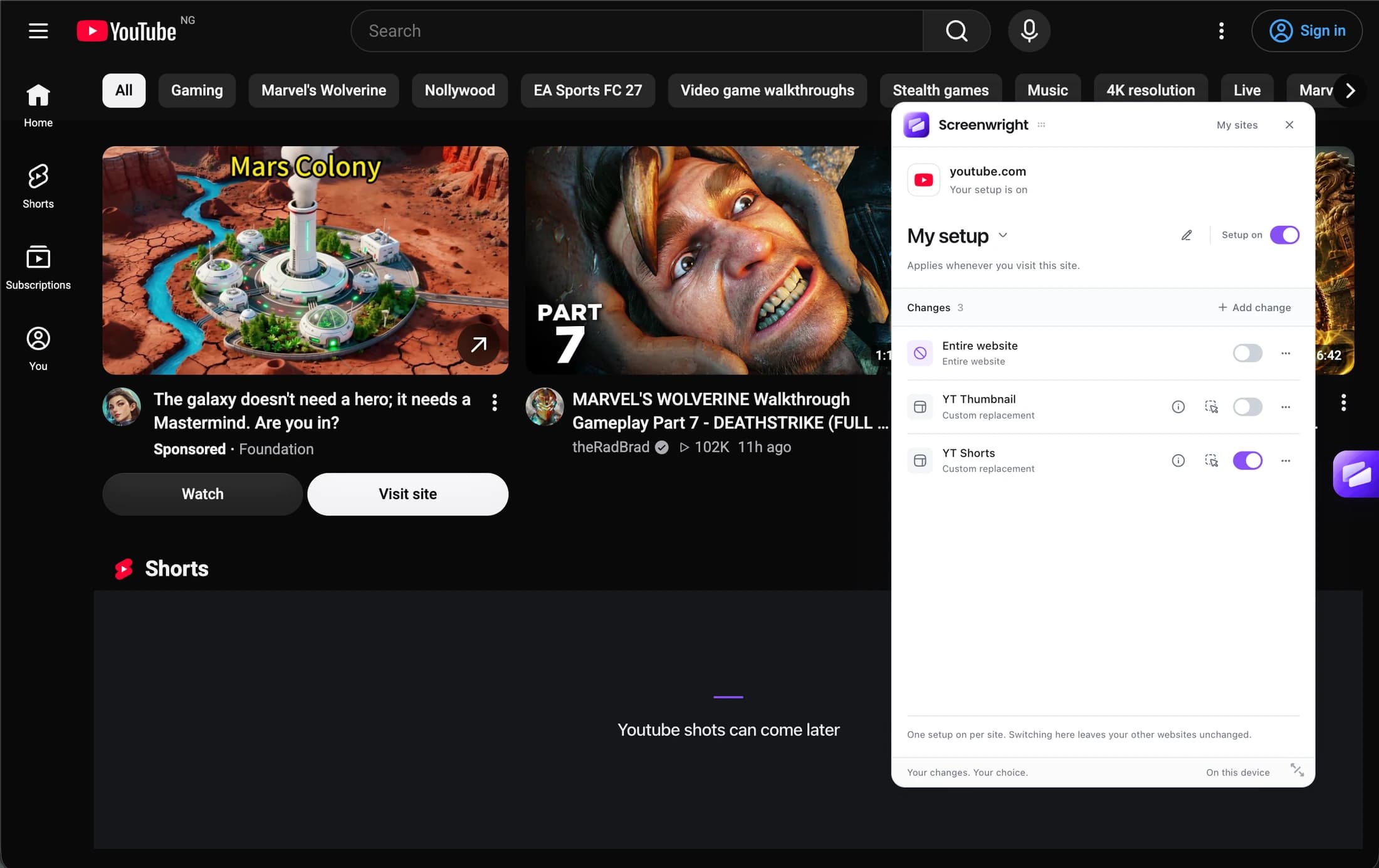 Screenwright on YouTube with the My setup panel showing the whole site, YT Thumbnail, and YT Shorts changes.